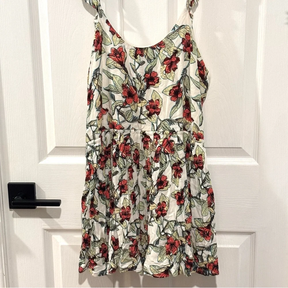FREE PEOPLE Floral Tropical Ruffle Shoulder Side Tie‎ POCKETS Mini Dress SIZE XS
